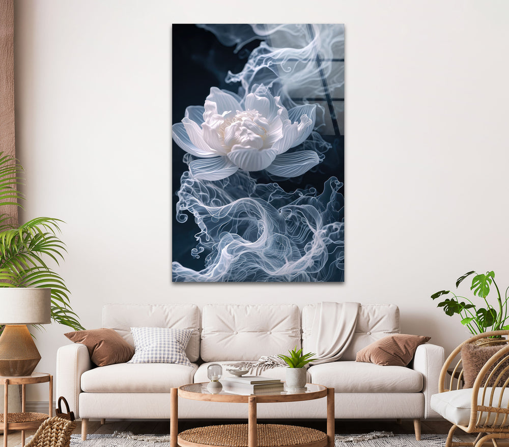 Smoke White Flower Glass Wall Art, picture on glass wall art, photos printed on glass