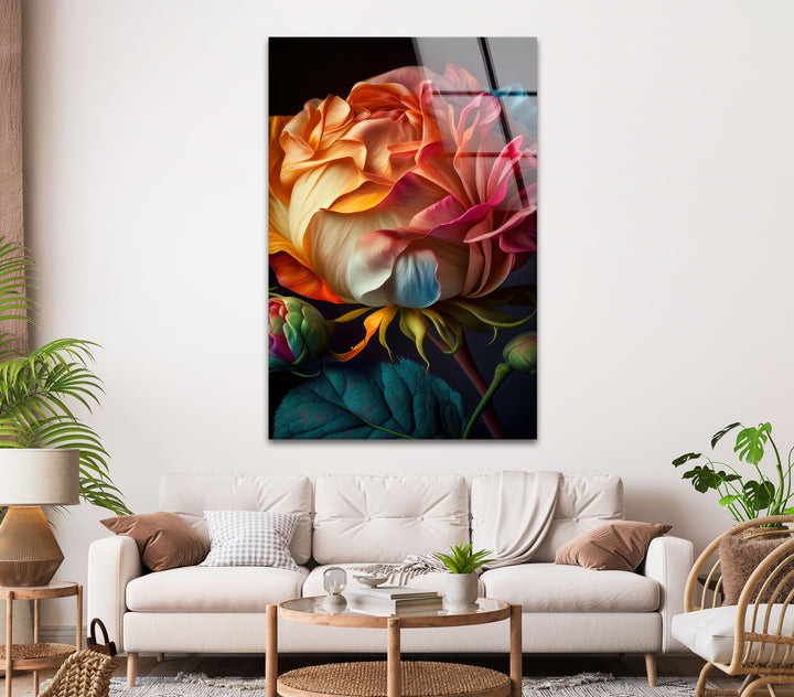 Multicolored Rosebud Glass Wall Art, glass wall decor, glass wall art decor