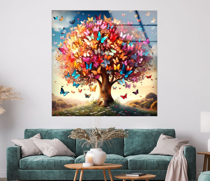 Butterfly Tree Glass Wall Art print picture on glass, Tempered Glass Wall Art