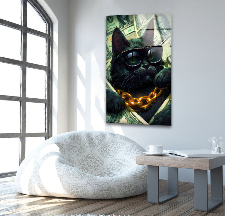 A Cat in Black Glasses Glass Wall Art print on glass, glass printed photos