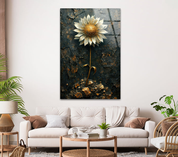 Sunflower With Gold Leaves Glass Wall Art, picture on glass wall art, photos printed on glass