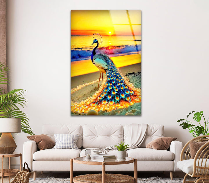 Sunset Peacock Glass Wall Art print on glass, glass printed photos