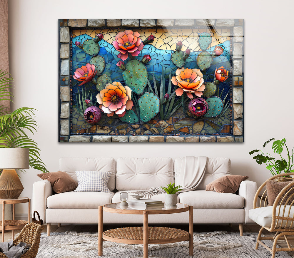 Mosaic Flowering Cactus Glass Wall Art, picture on glass wall art, photos printed on glass