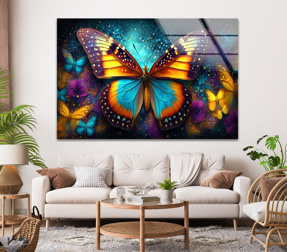 Glowing Rainbow Butterfly Glass Wall Art photo print on glass, prints on glass wall art