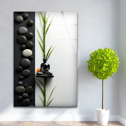 Buddha Statue and Stones Glass Wall Art