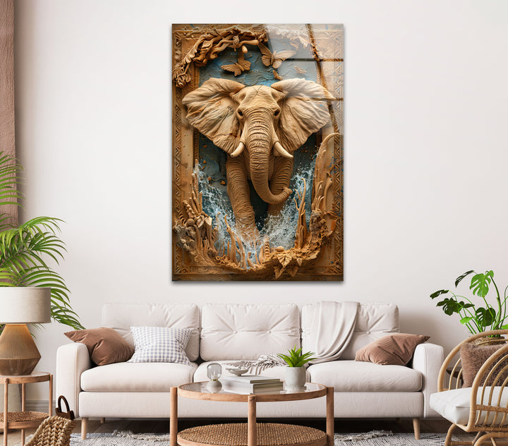 Elephant Carving Glass Wall Art picture on glass wall art, photos printed on glass