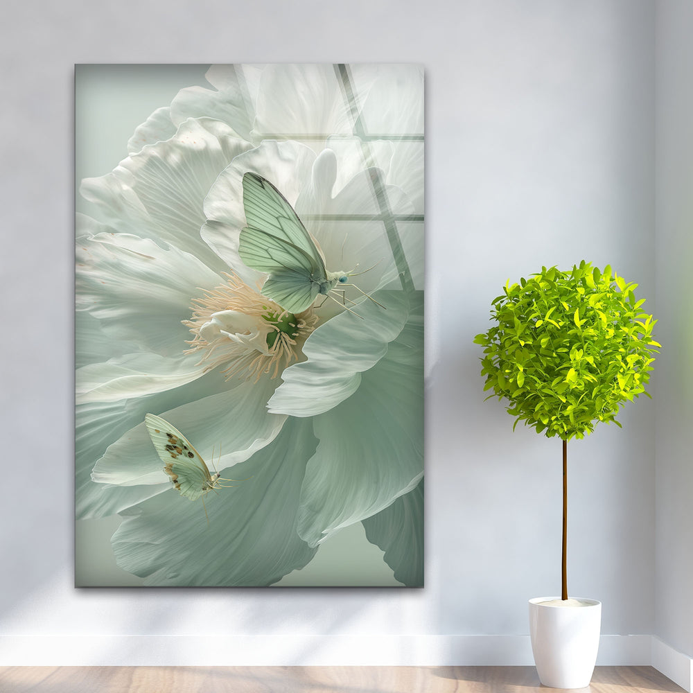 White Peony With Green Butterfly Glass Wall Art, glass wall decor, glass wall art decor
