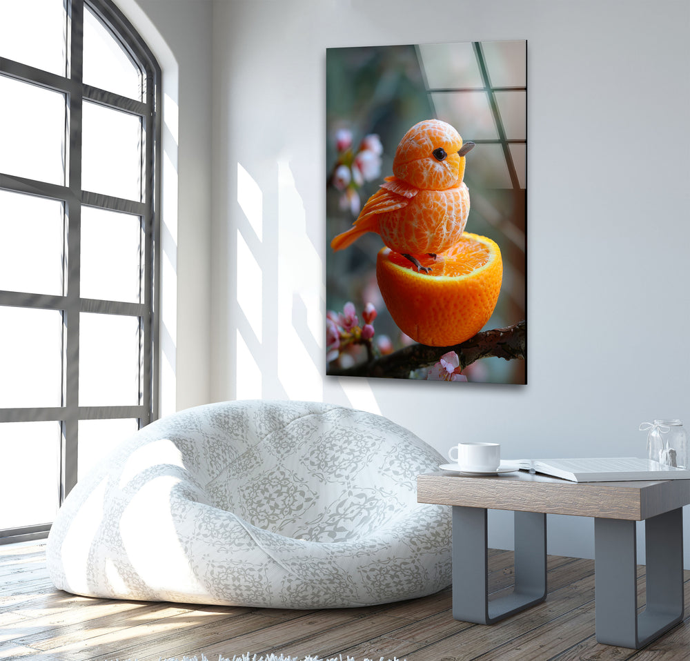 Tangerine Bird Glass Wall Art print on glass, glass printed photos