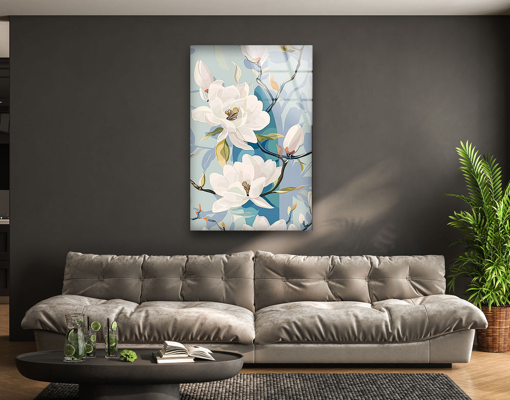 White Floral Glass Wall Art, picture on glass wall art, photos printed on glass