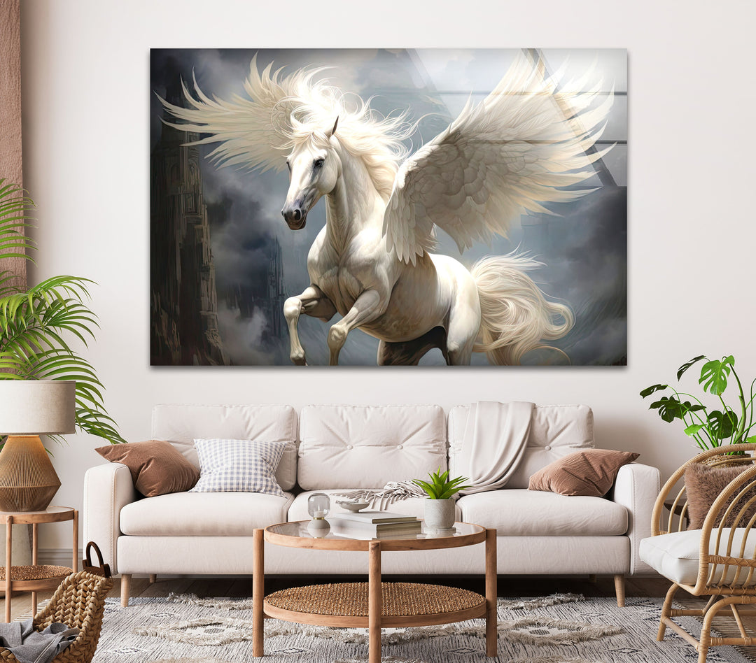 White Wing Horse Glass Wall Art Glass Printing Wall Art, Print photos on glass