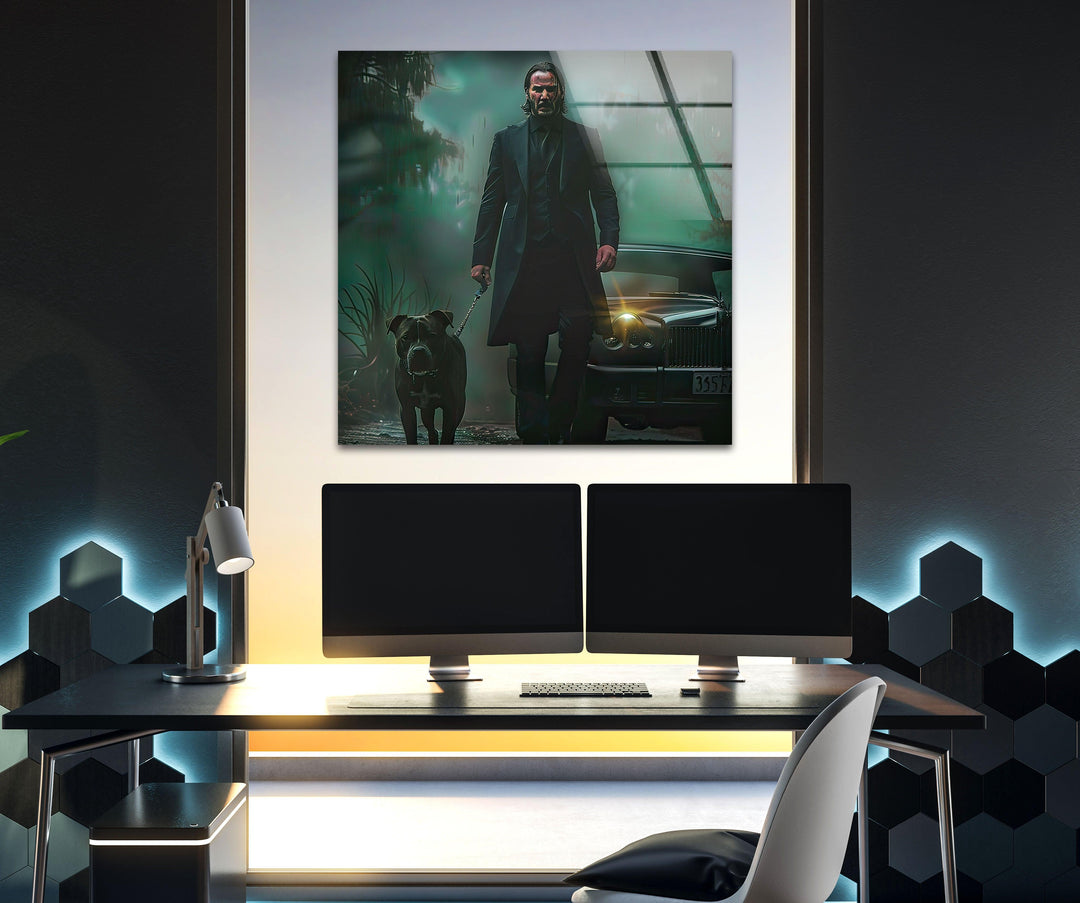 John Wick & Dog Walking Glass Wall Art glass art painting, glass art for the Wall
