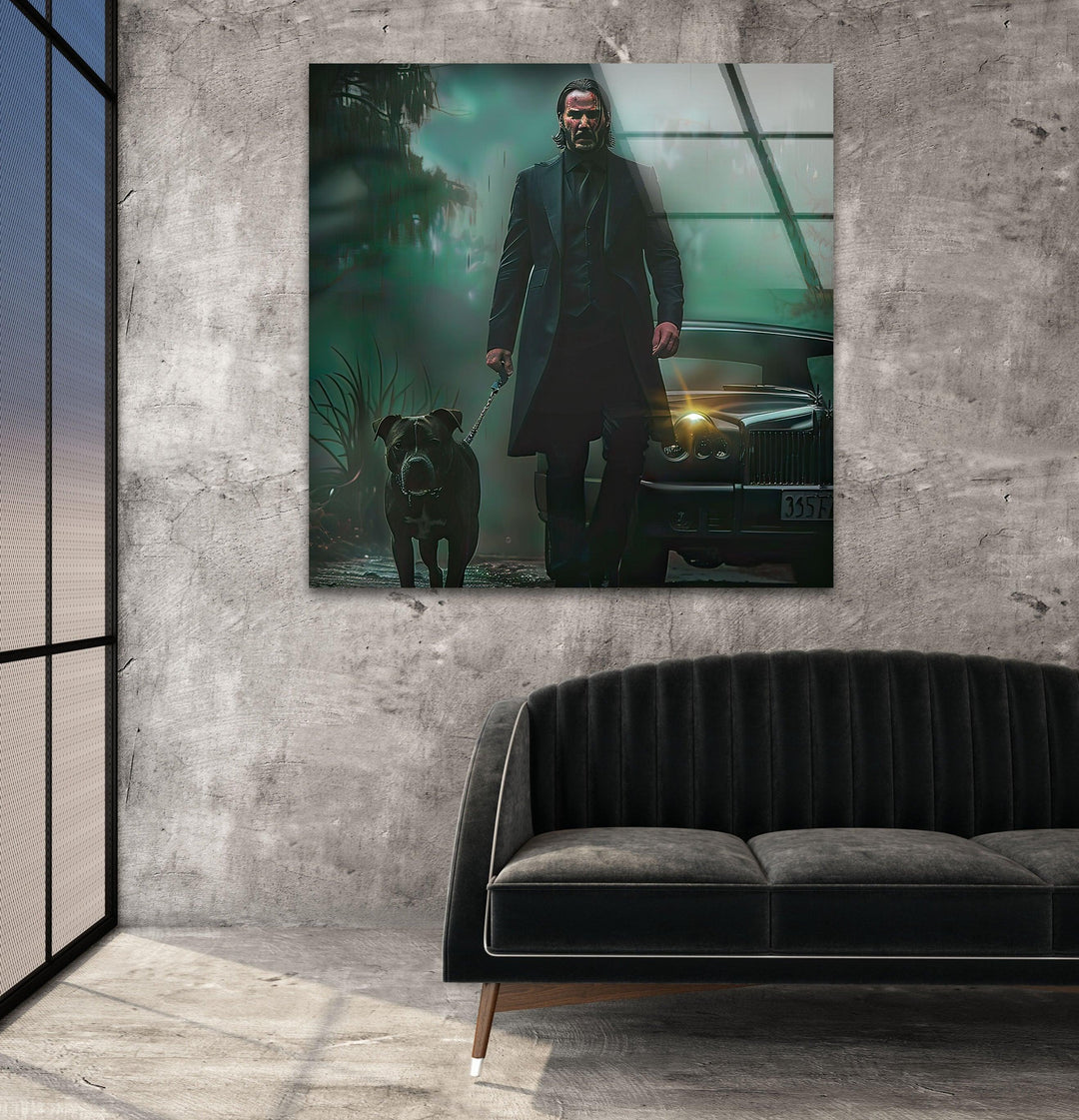 John Wick & Dog Walking Glass Wall Art photo print on glass, prints on glass wall art
