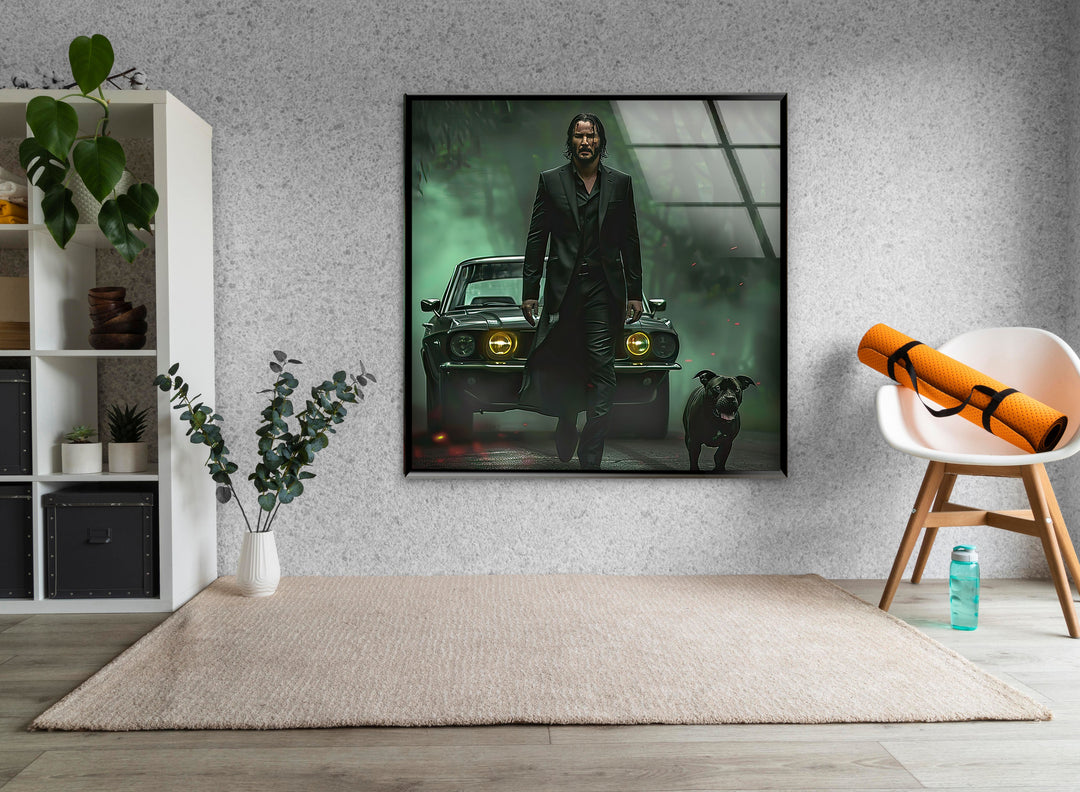 John Wick & Dog Glass Wall Art photo print on glass, prints on glass wall art
