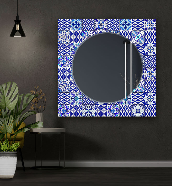 Navy Blue Mosaic Design Wall Mirror Wood Mirror
