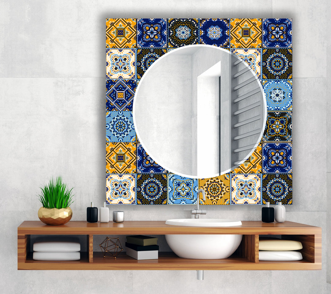 Navy Blue and Yellow Mosaic Wall Mirrors Framed Mirror
