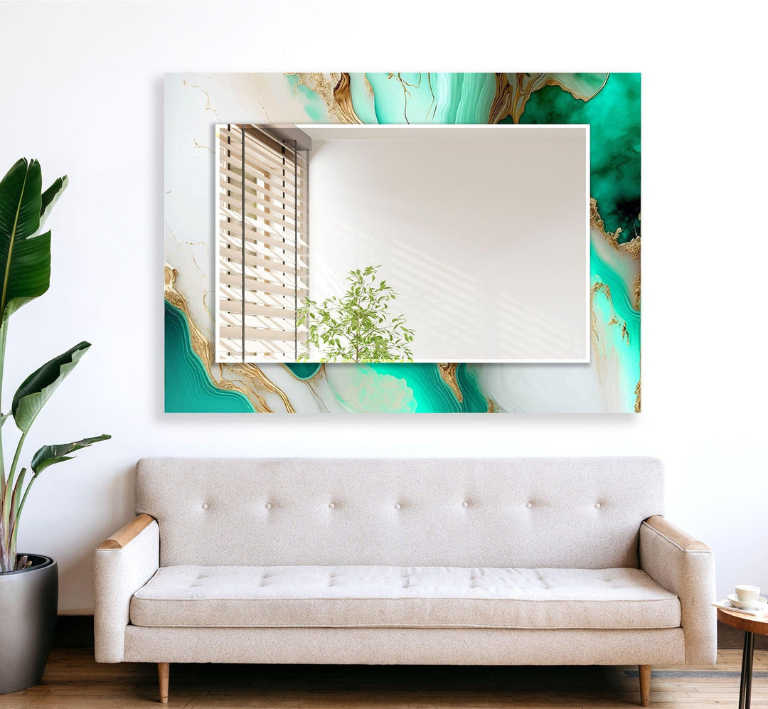 Green & White Abstract Wall Mirror Bathroom Wall Mirror
