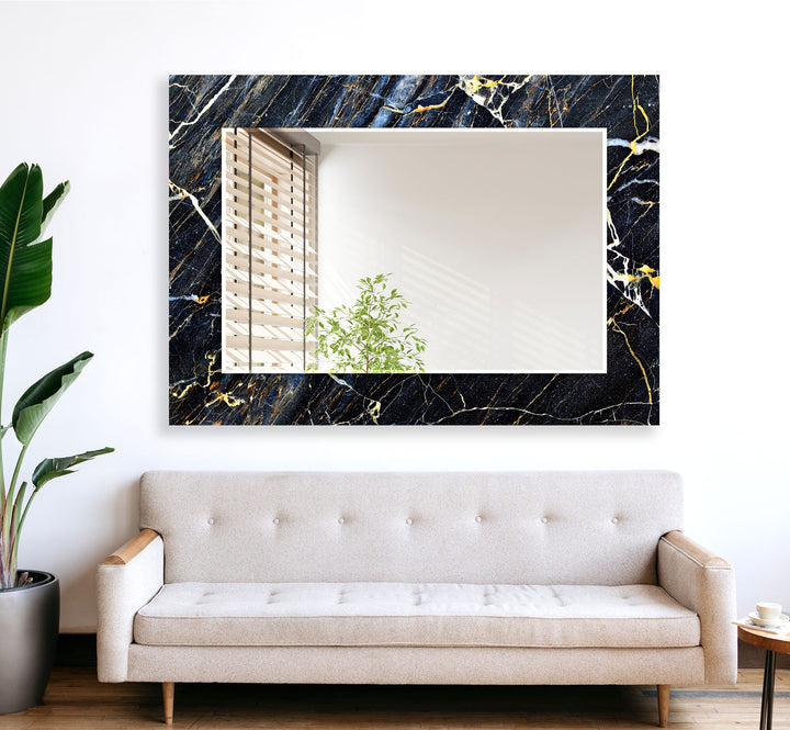 Dark Blue Marble Patterned Wall Mirror Gold Wall Mirror
