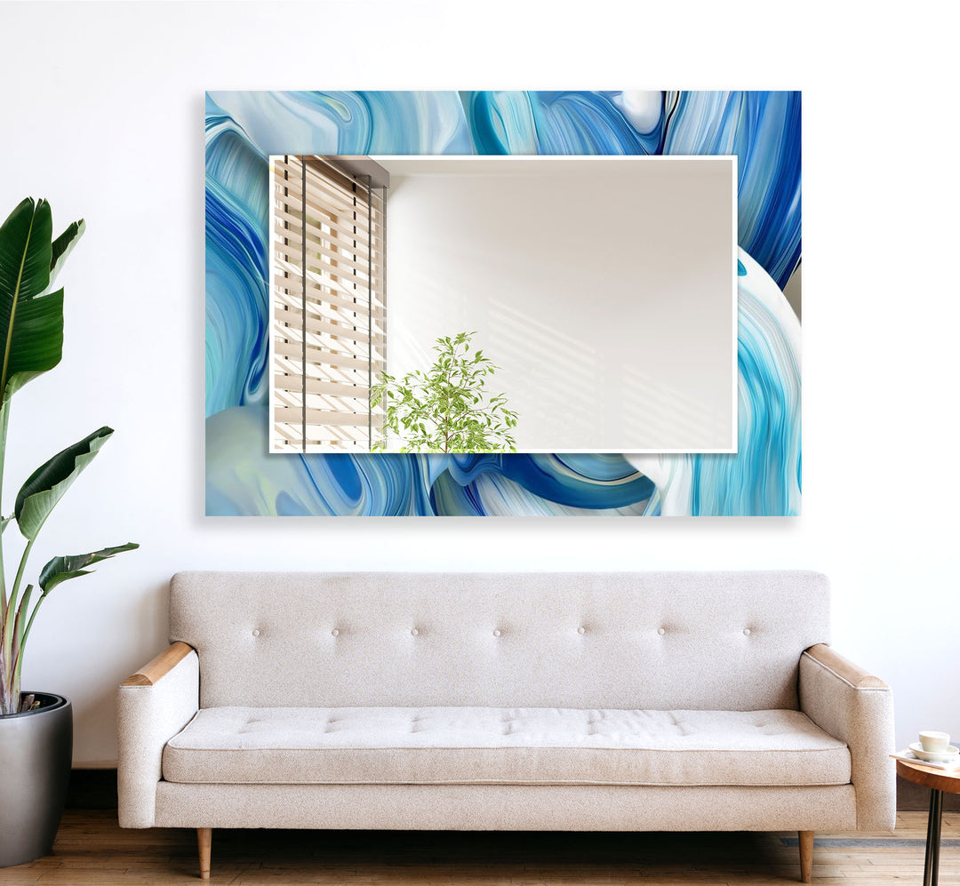 Abstract Wavy Blue Wall Mirrors Stained Glass Mirror
