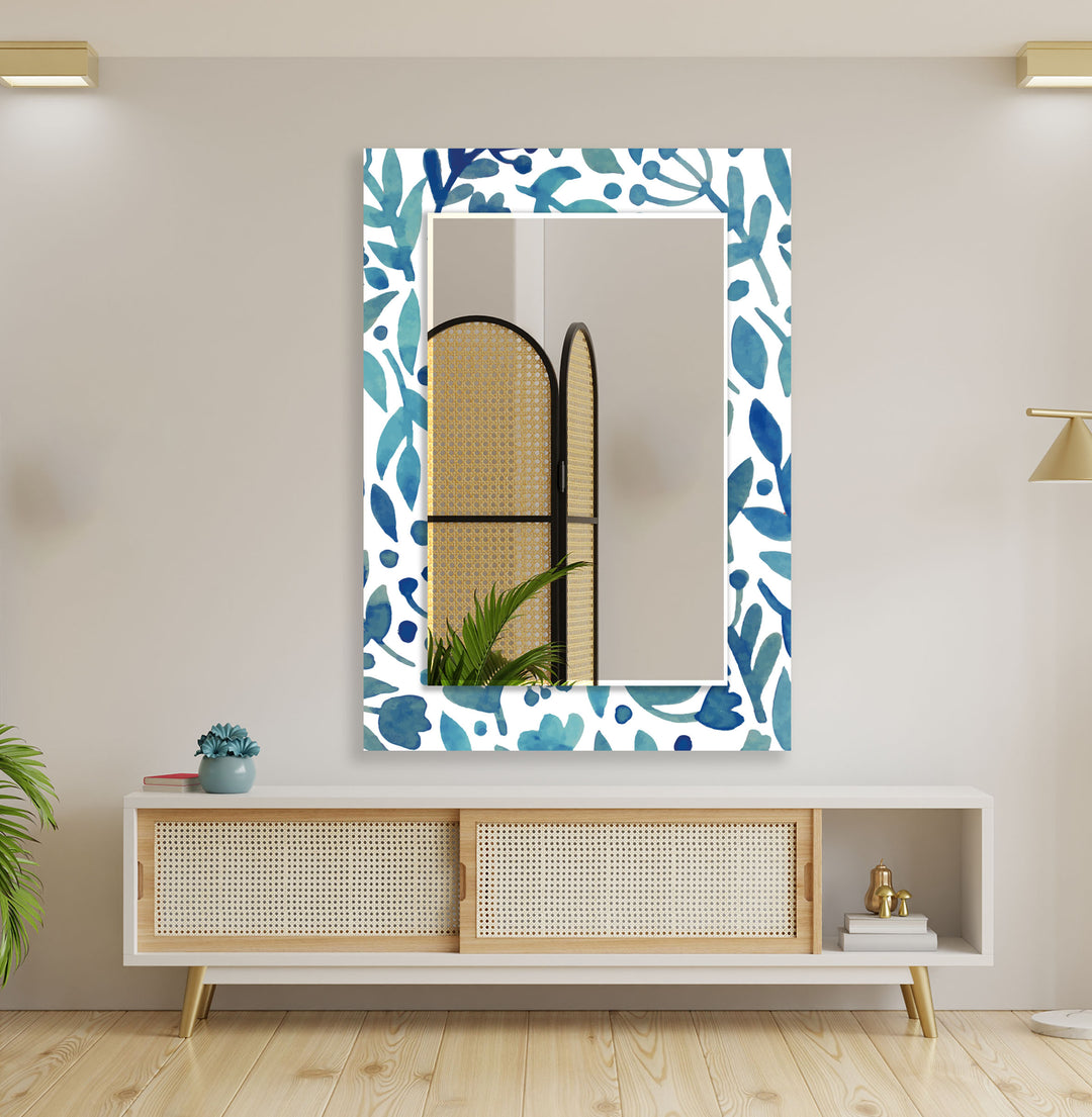 Blue Round Flowers Wall Mirror Black Wall Mirror
