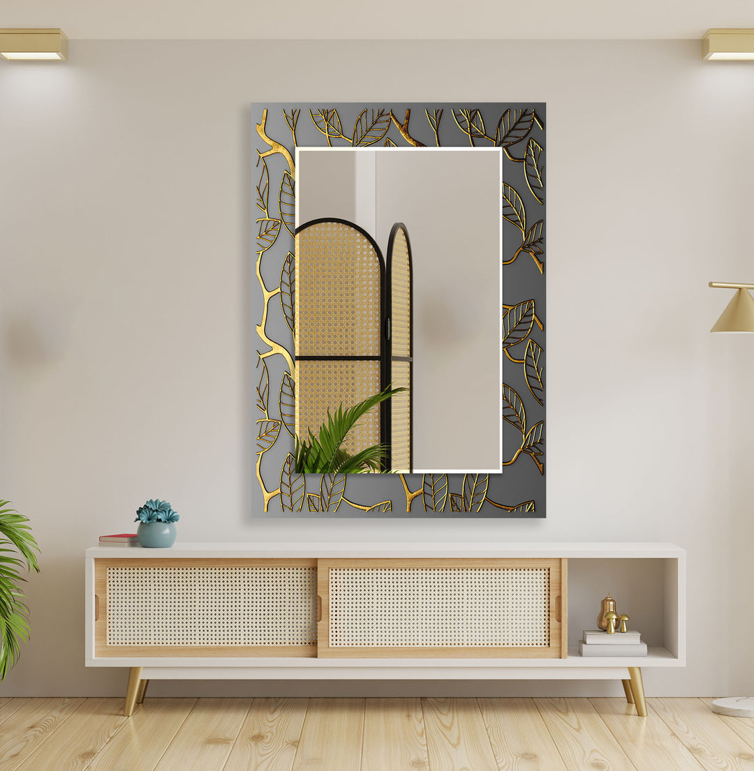 Abstract Gray Golden Line Wall Mirror Stained Glass Mirror
