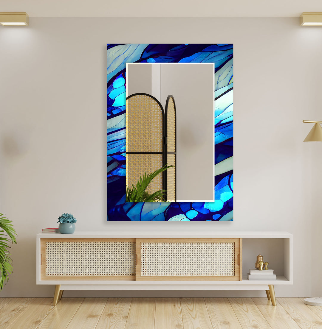 Stained Dark Blue Lines Wall Mirror Square Wall Mirror
