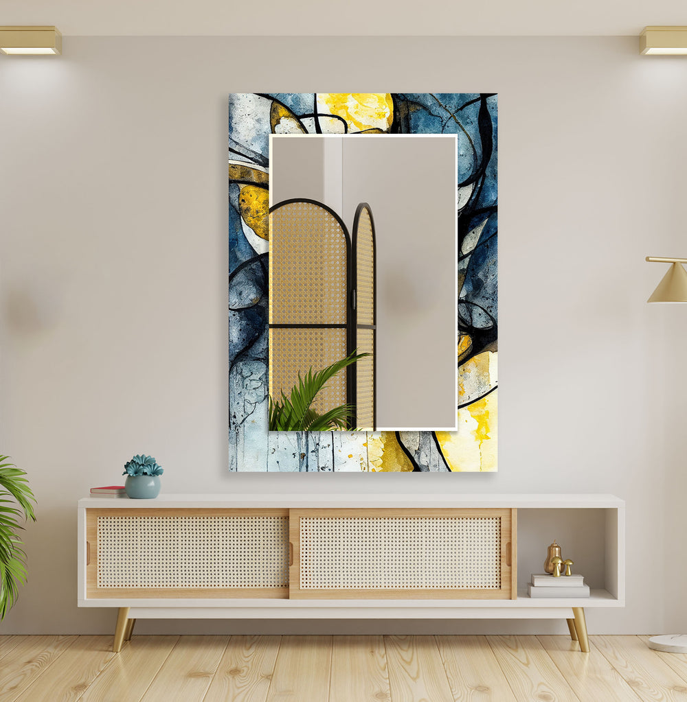 Blue and Yellow Ink Abstract Wall Mirror Stained Glass Mirror
