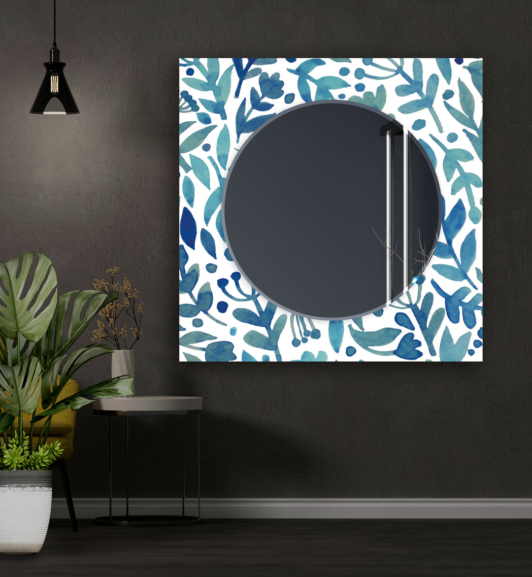 Blue Round Flowers Wall Mirror Round Wall Mirror
