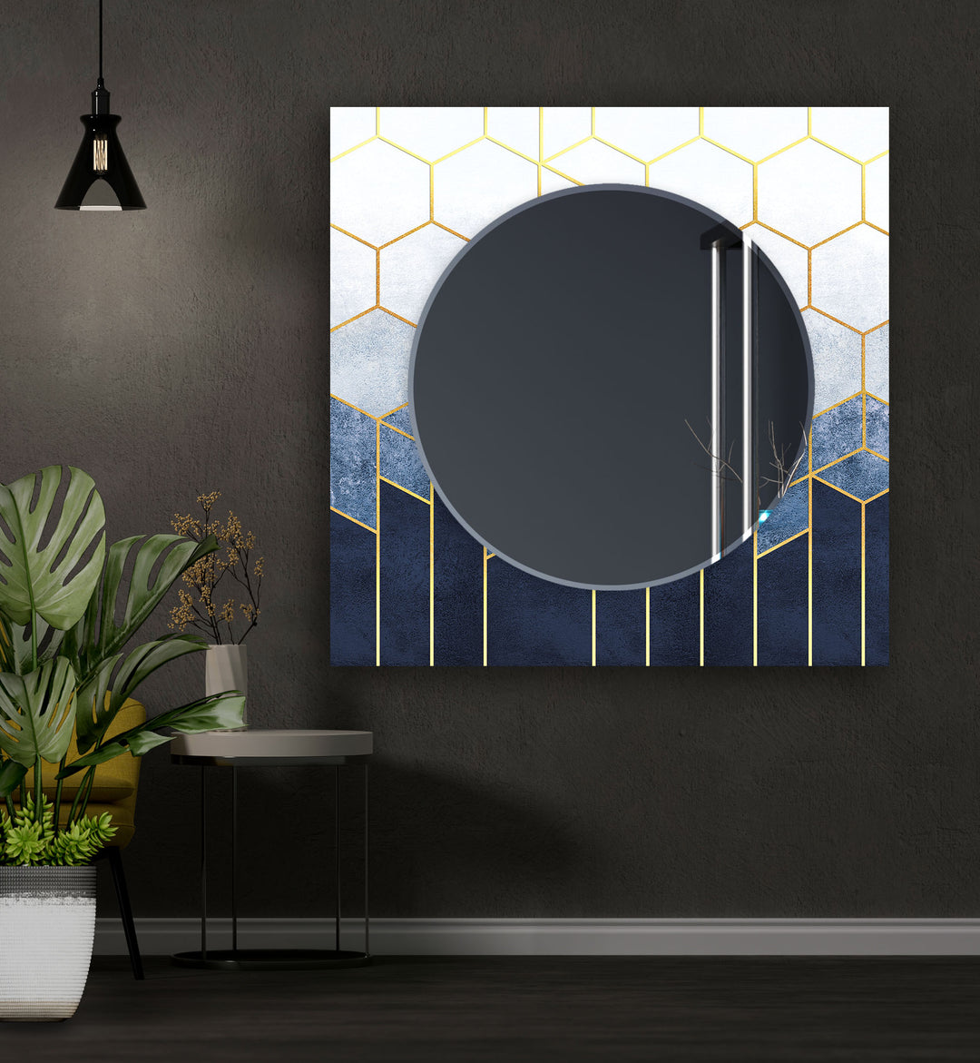 White and Blue Hexagon Wall Mirror Rectangle Wall Mirror
