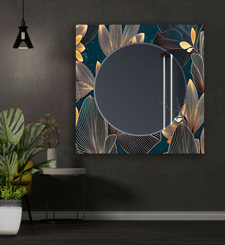 Dark Navy Golden Flowers Wall Mirrors Blue Wall Mirror