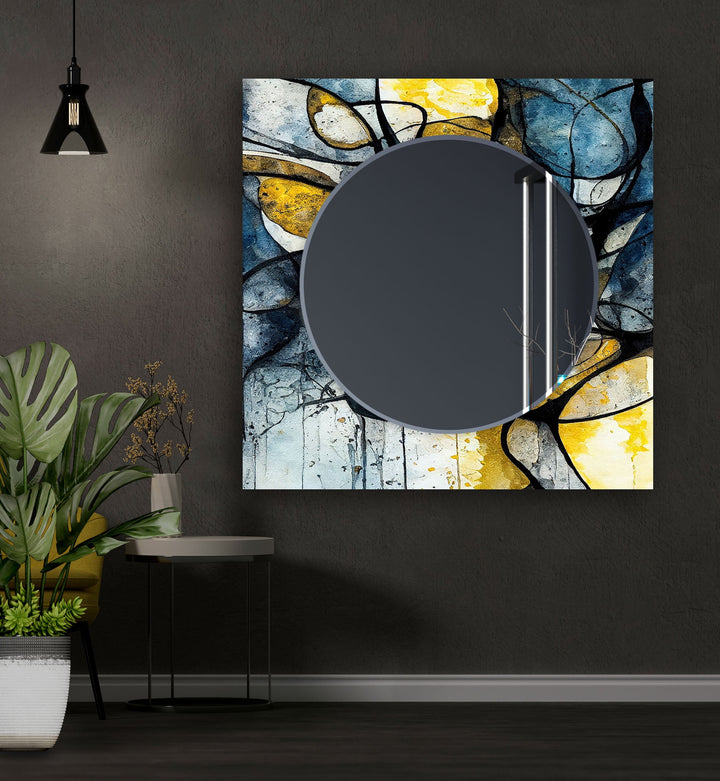 Blue and Yellow Ink Abstract Wall Mirror Dining Room Wall Mirror
