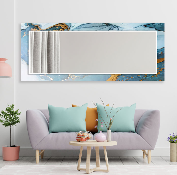 Golden & Light Blue Abstract Wall Mirror Modern Mirror
