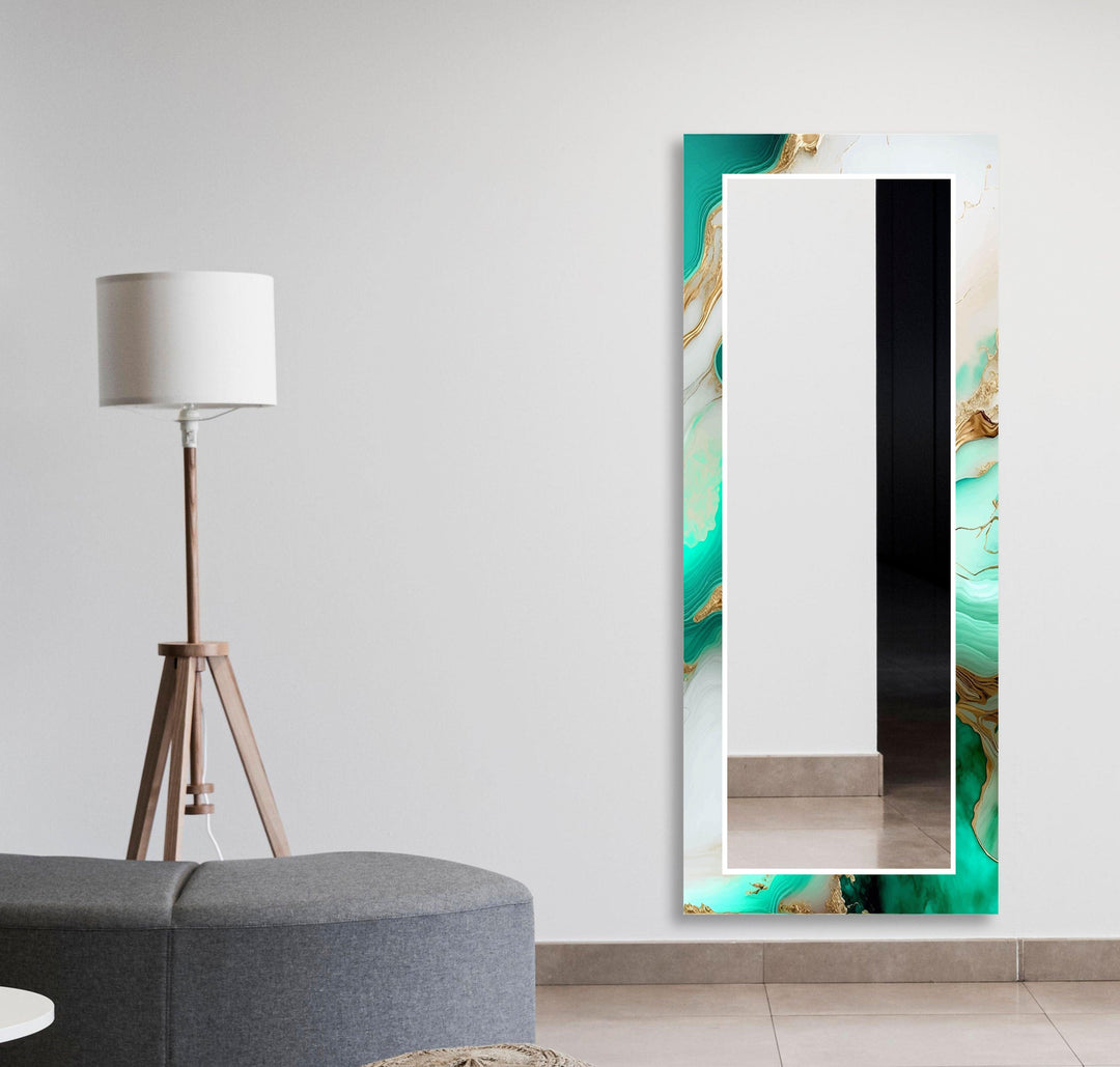 Green & White Abstract Wall Mirror Bedroom Wall Mirror
