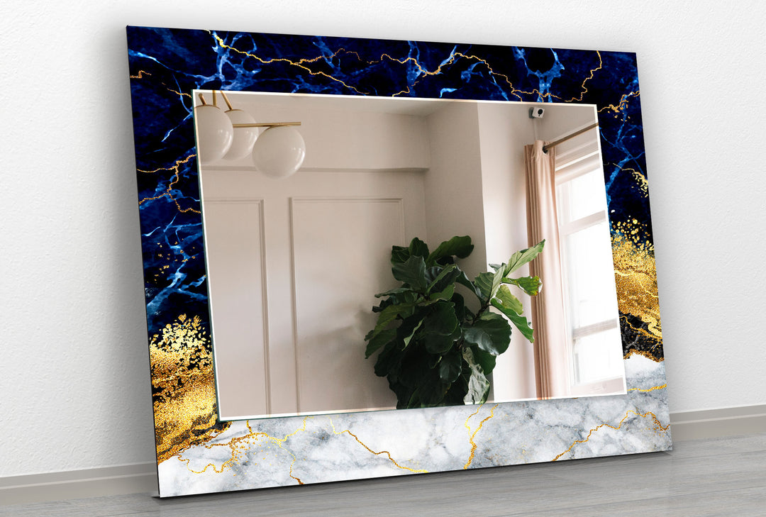 Blue Marble with Gold Details Wall Mirror Gold Mirror
