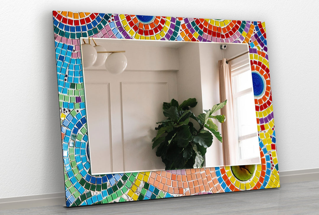 Little Multicolored Mosaic Stones Wall Mirror Bathroom Mirror
