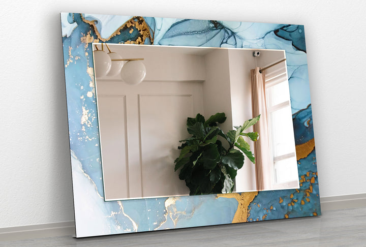 Golden & Light Blue Abstract Wall Mirror Rectangle Mirror
