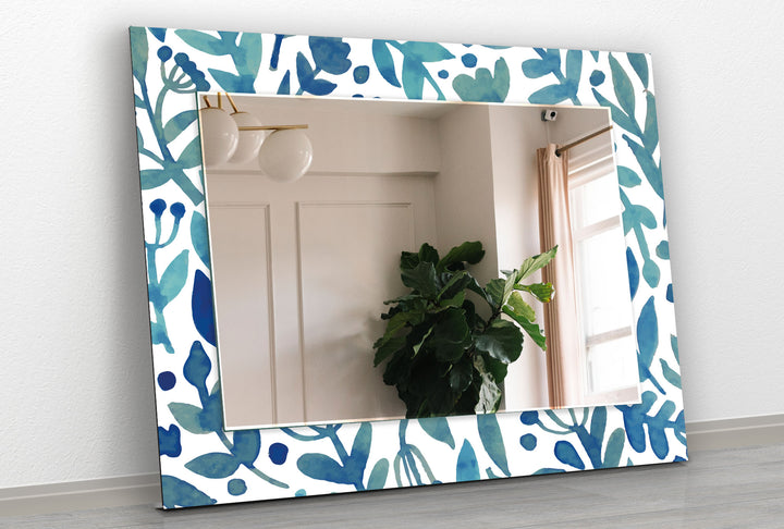 Blue Round Flowers Wall Mirror Rectangle Wall Mirror
