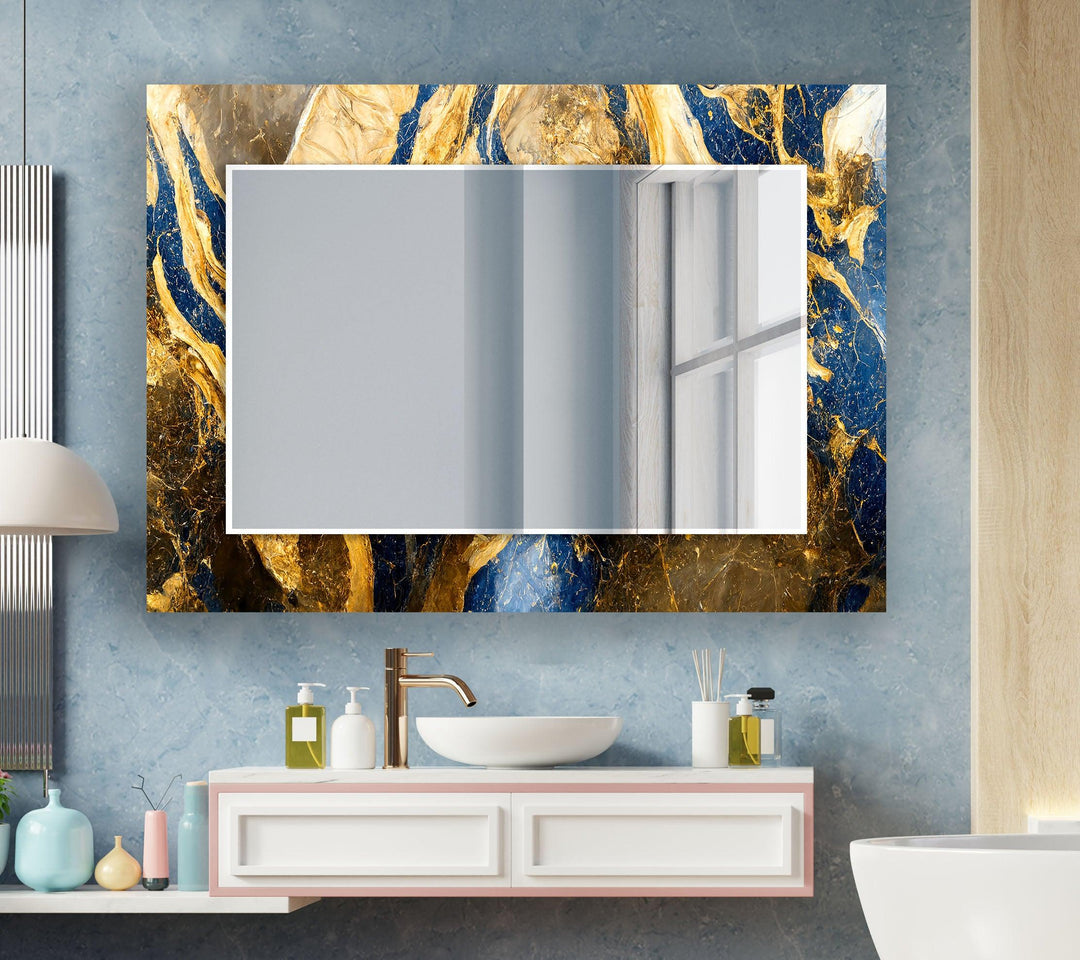 Blue and Golden Marble Wall Mirror Square Mirror
