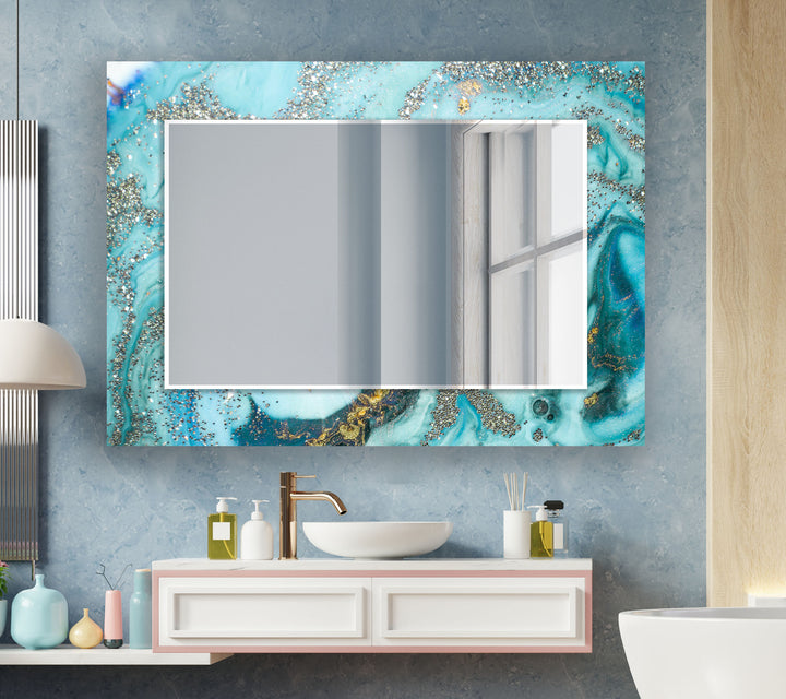 Light Blue Epoxy Wall Mirror Marble Wall Mirror
