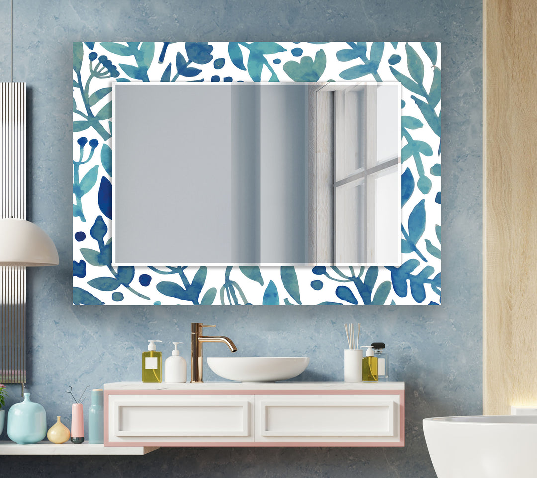 Blue Round Flowers Wall Mirror Square Mirror
