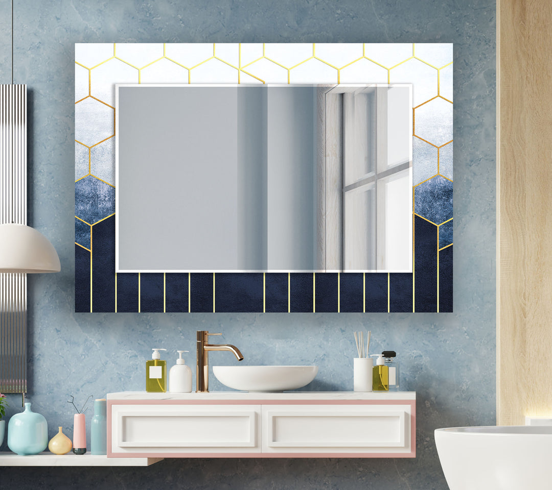 White and Blue Hexagon Wall Mirror Long Wall Mirror
