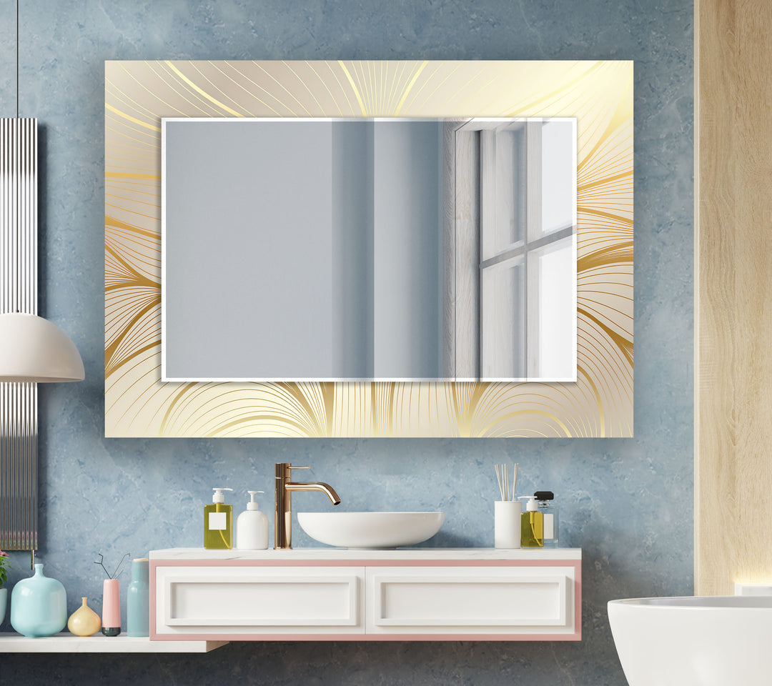 Beige with Golden Leaves Wall Mirror Square 