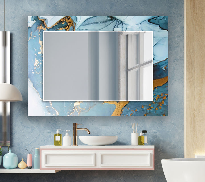 Golden & Light Blue Abstract Wall Mirror Decorative Wall Mirror
