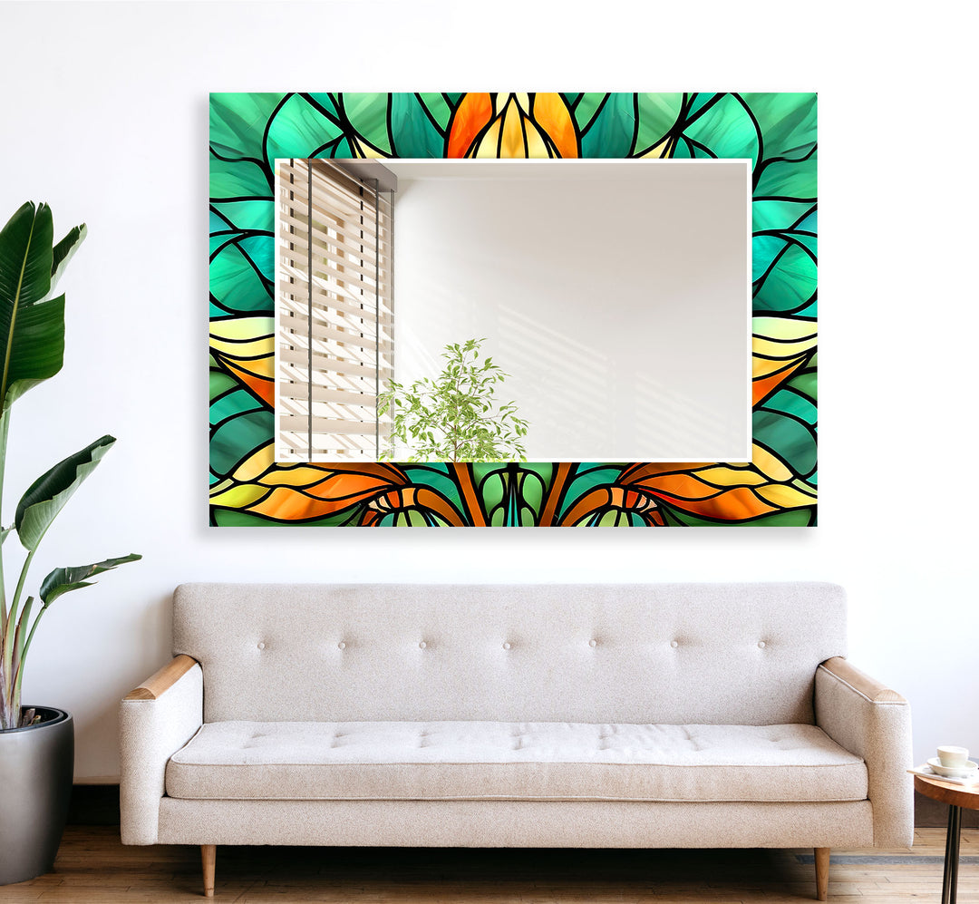 Green Orange Flowers Wall Mirrors Stained Glass Mirror
