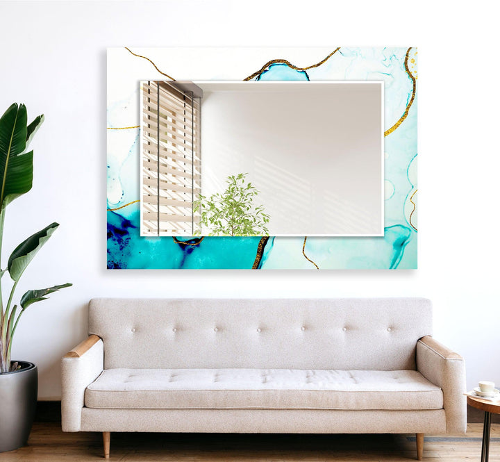 White and Turquoise Golden Details Wall Mirror Long Wall Mirror
