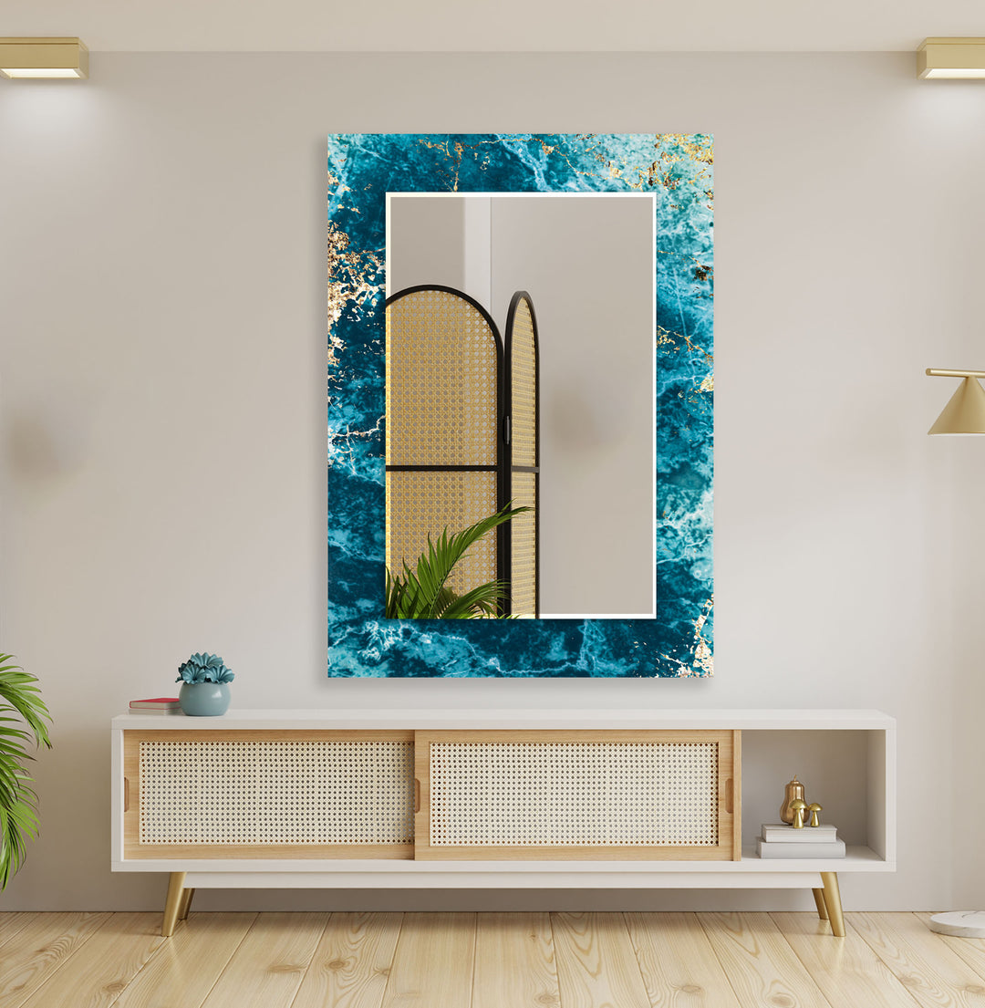 Turquoise and Golden Details Wall Mirror Square Mirror
