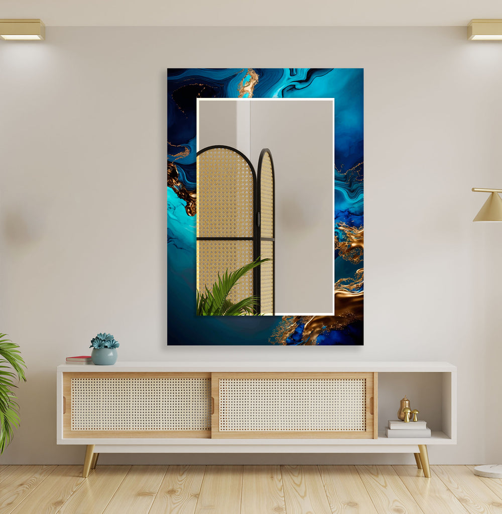 Blue and Gold Abstract Wall Mirror mirror black
