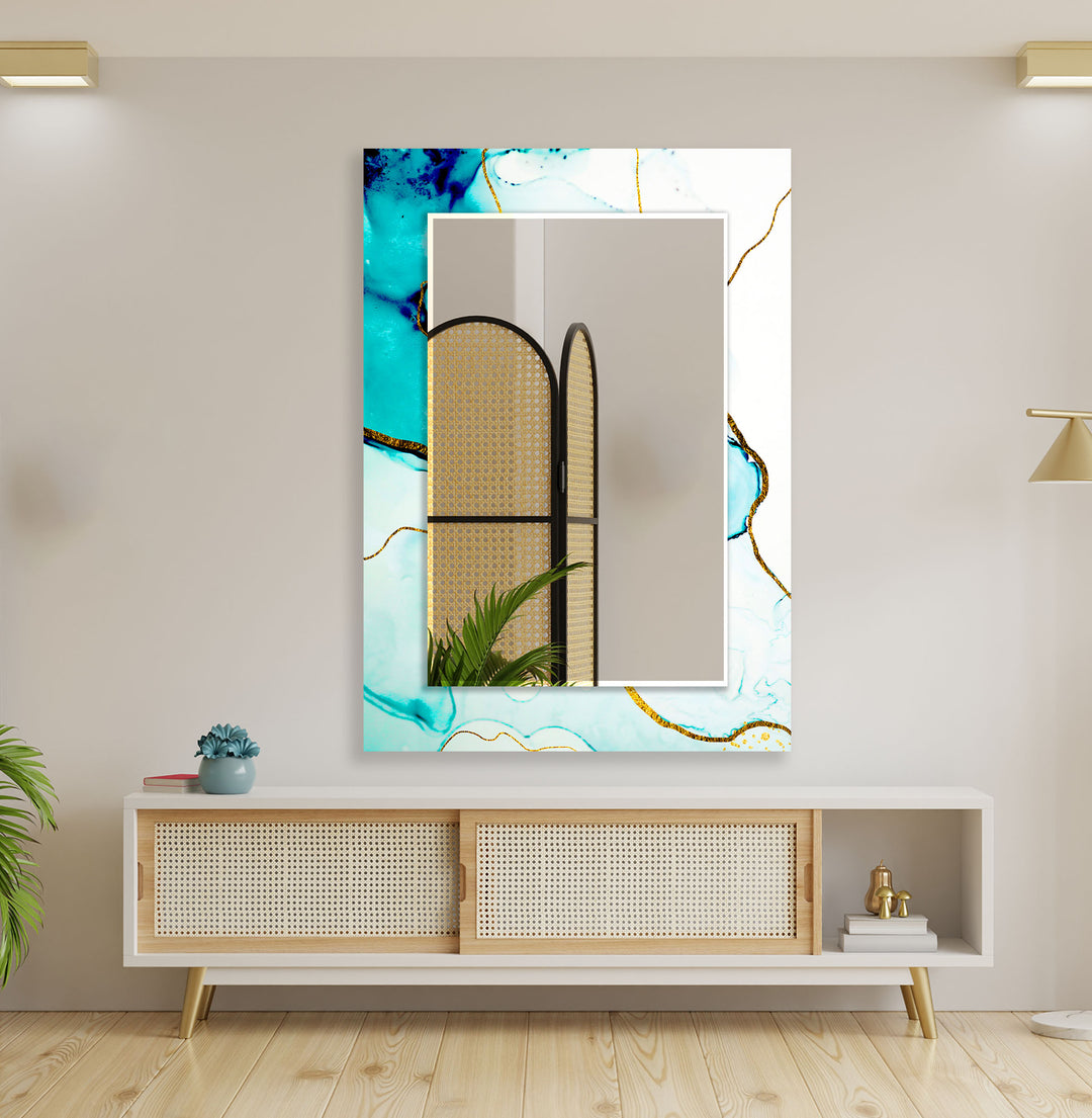 White and Turquoise Golden Details Wall Mirror Modern Mirror
