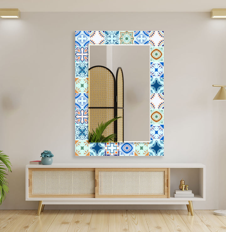 Mosaic Green & Blue Wall Mirror white framed mirror
