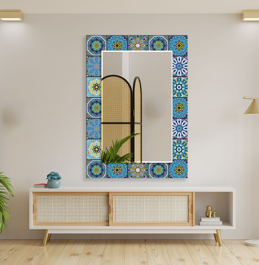 Mosaic Yellow Blue Round Wall Mirror black frame mirror
