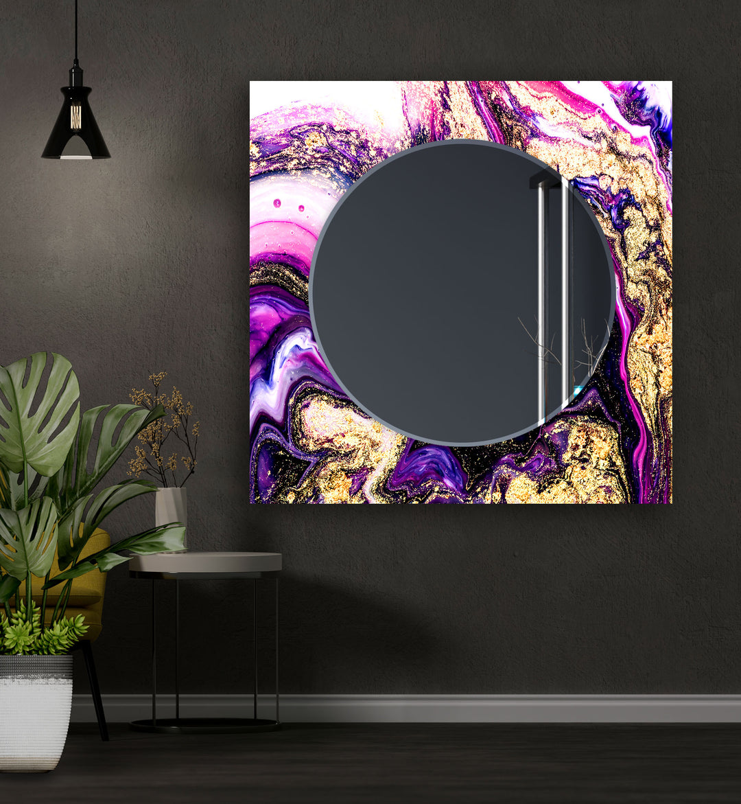 Pink & Purple Abstract Marble Wall Mirror Gold Mirror
